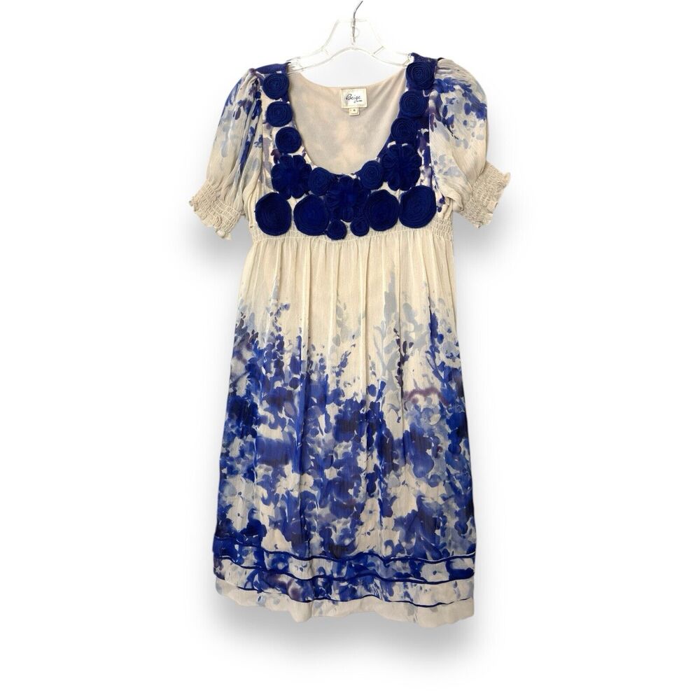 Blue Floral Babydoll Dress 6 Chiffon Puff Sleeve Rosettes Feminine Coquette